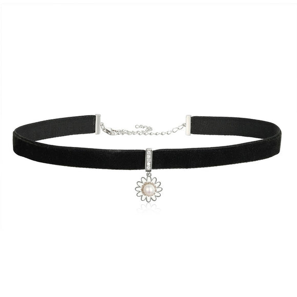 Pearl Daisy Flower Black Choker Necklace