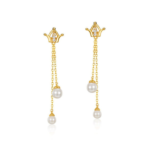 Chain Drop Pearl Crown Dangle Earrings